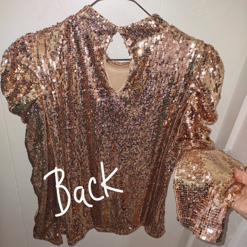 Sparkling Gold Sequins XL Top  Puffy Sleeves - Picture 10 of 11